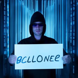 A hacker, with a sheet inscripted with 'BXCLONER' in his hand, accompanied by a laptop.