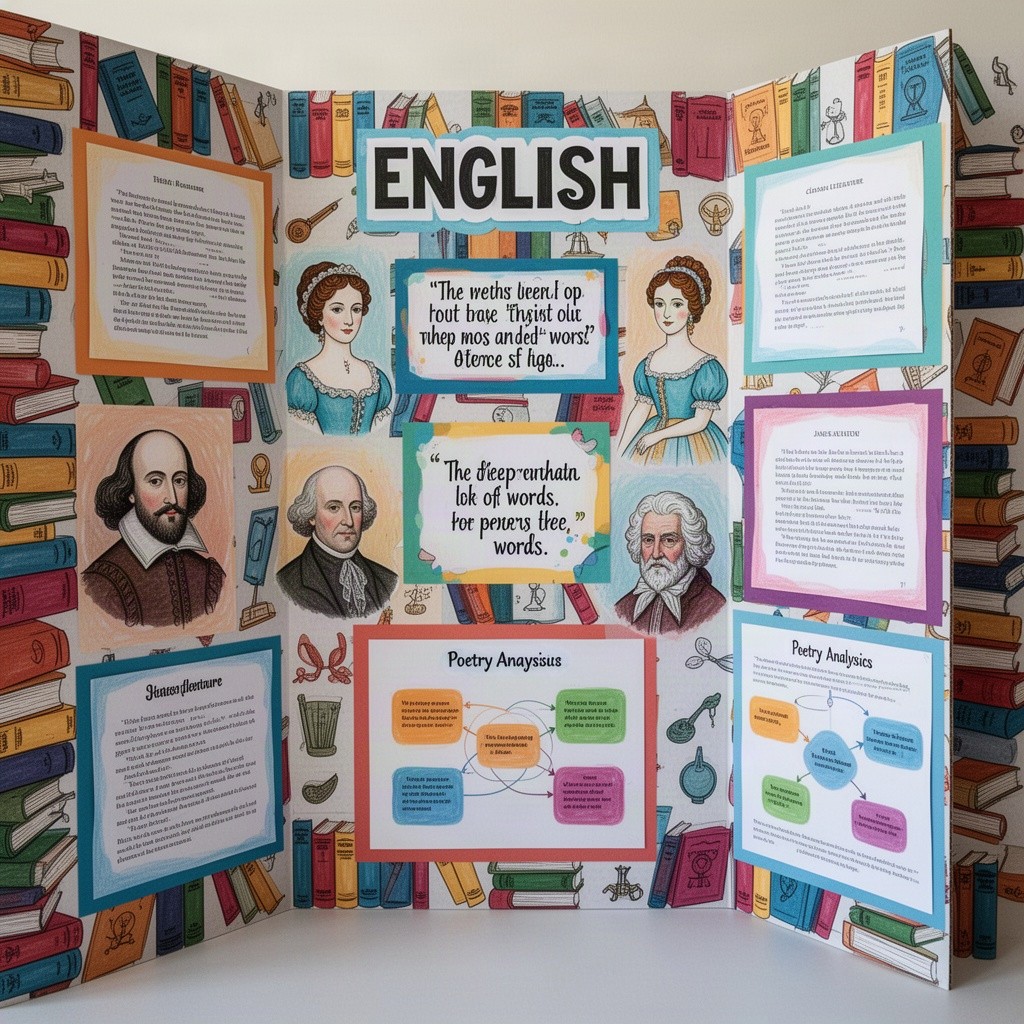 An artistic and creative presentation board showcasing various elements of an English project, with a vibrant color palette