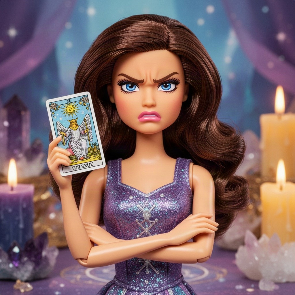 A frustrated brunette Barbie doll holding a tarot card in her hand