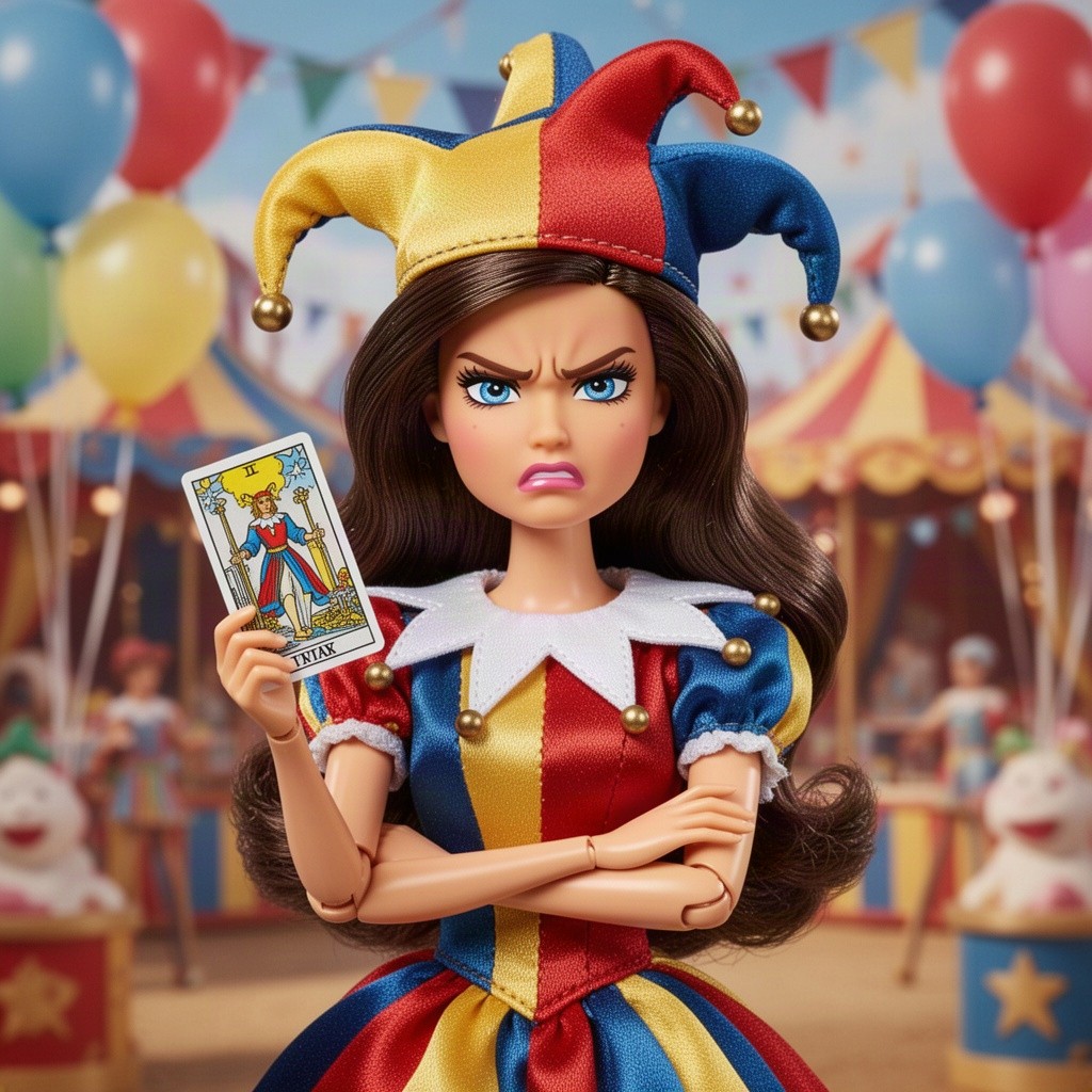 A frustrated brunette Barbie doll dressed as a jester, holding a tarot card in her hand