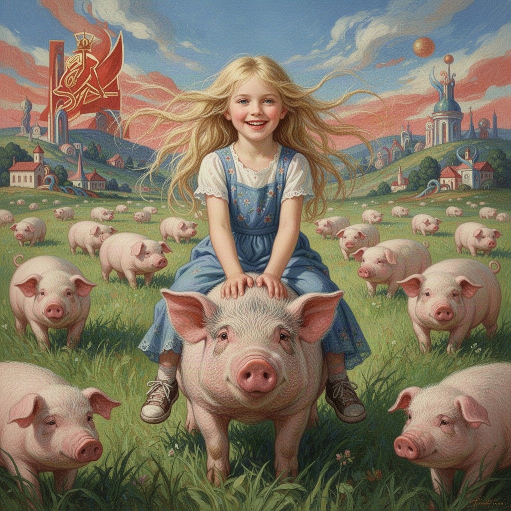 A surreal and artistic representation of a young woman with long blonde hair, portrayed in a whimsical and imaginative style