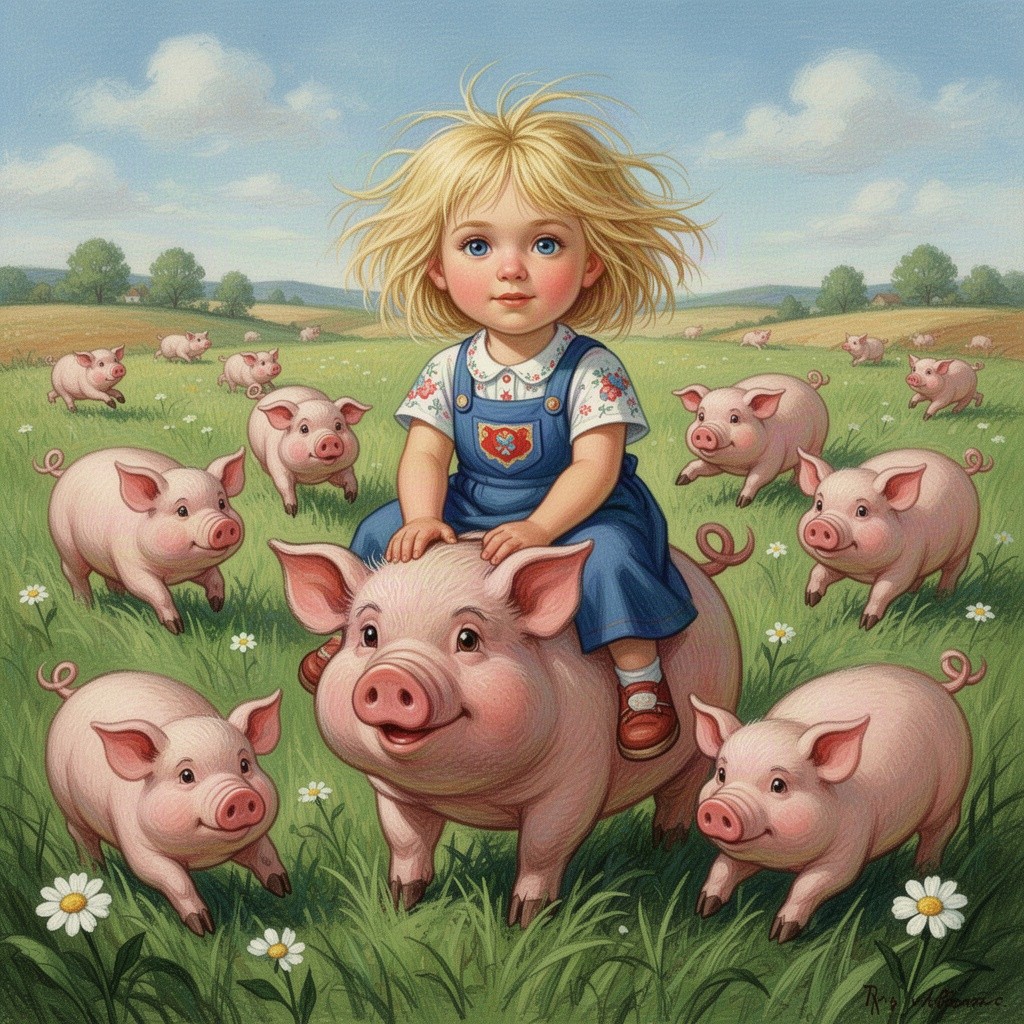 A playful and imaginative portrayal of a young blonde girl with disheveled hair, surrounded by pigs in a vibrant green field