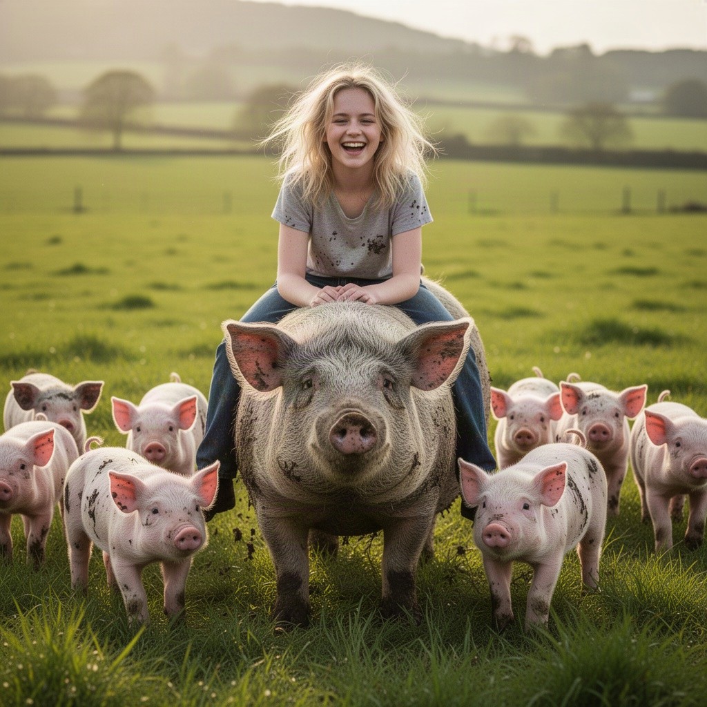 A hyper-realistic artistic depiction of a young woman with disheveled blond hair, joyfully sitting on a large pig in a picturesque green field surrounded by playful piglets