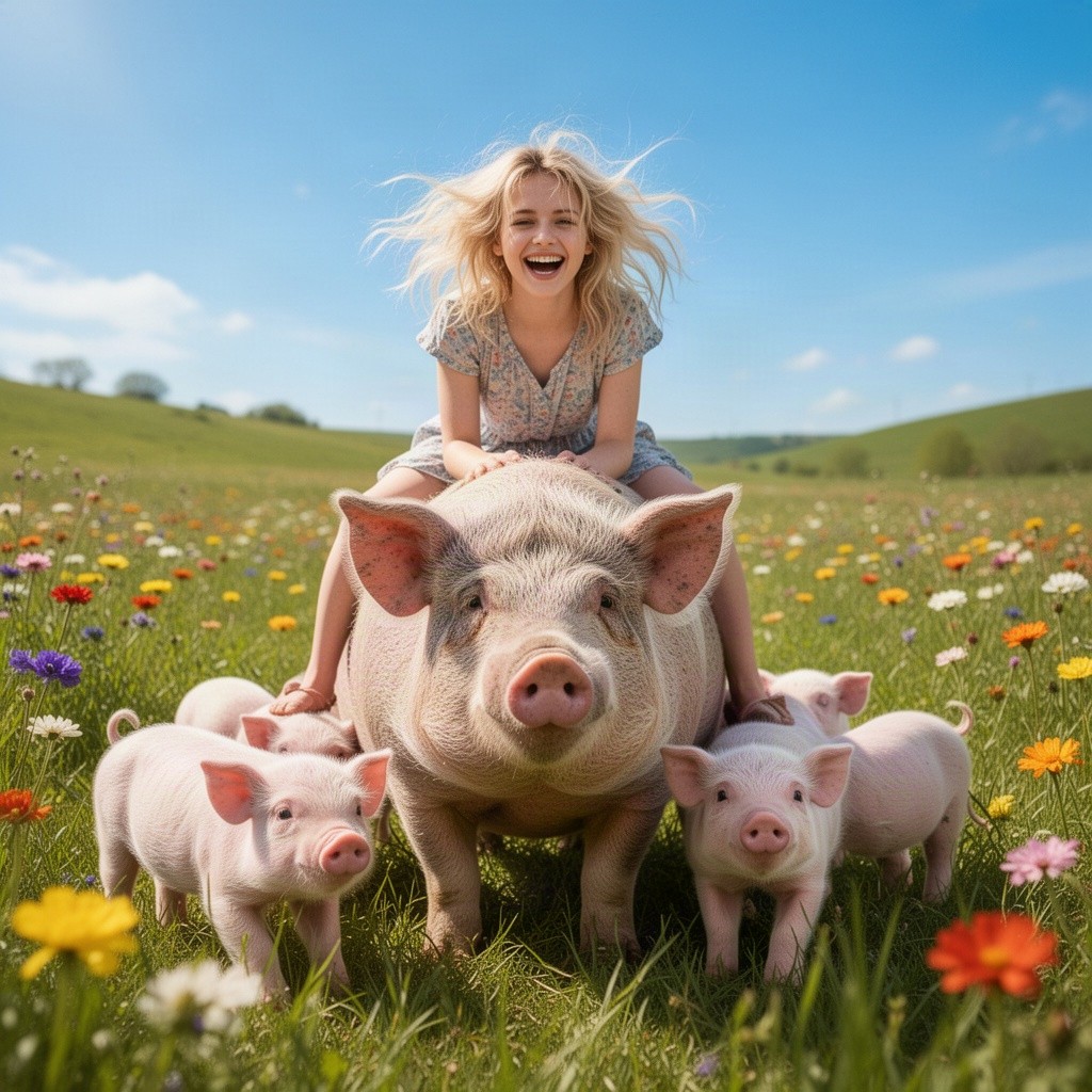 A whimsical and vibrant scene depicting a young woman with disheveled blond hair, playfully sitting atop a large pig in a sunny, grassy field filled with adorable piglets