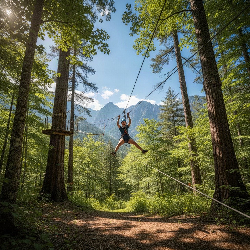 A thrilling zip line adventure in a lush, green forest, showcasing a wide view of the zip line stretching between tall, majestic trees