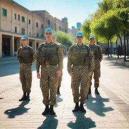 Azerbaijan soldiers standing in formation on a sunny day in the streets of Khankendi, with various city elements such as buildings and trees in the background.