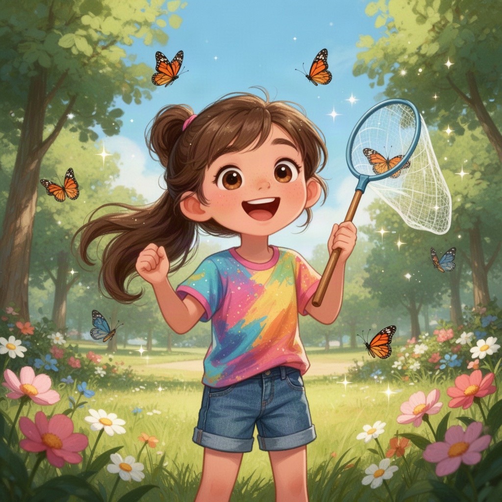 A whimsical and joyful scene featuring a vibrant illustration of a cheerful young girl around 11 years old, standing in a sunny park