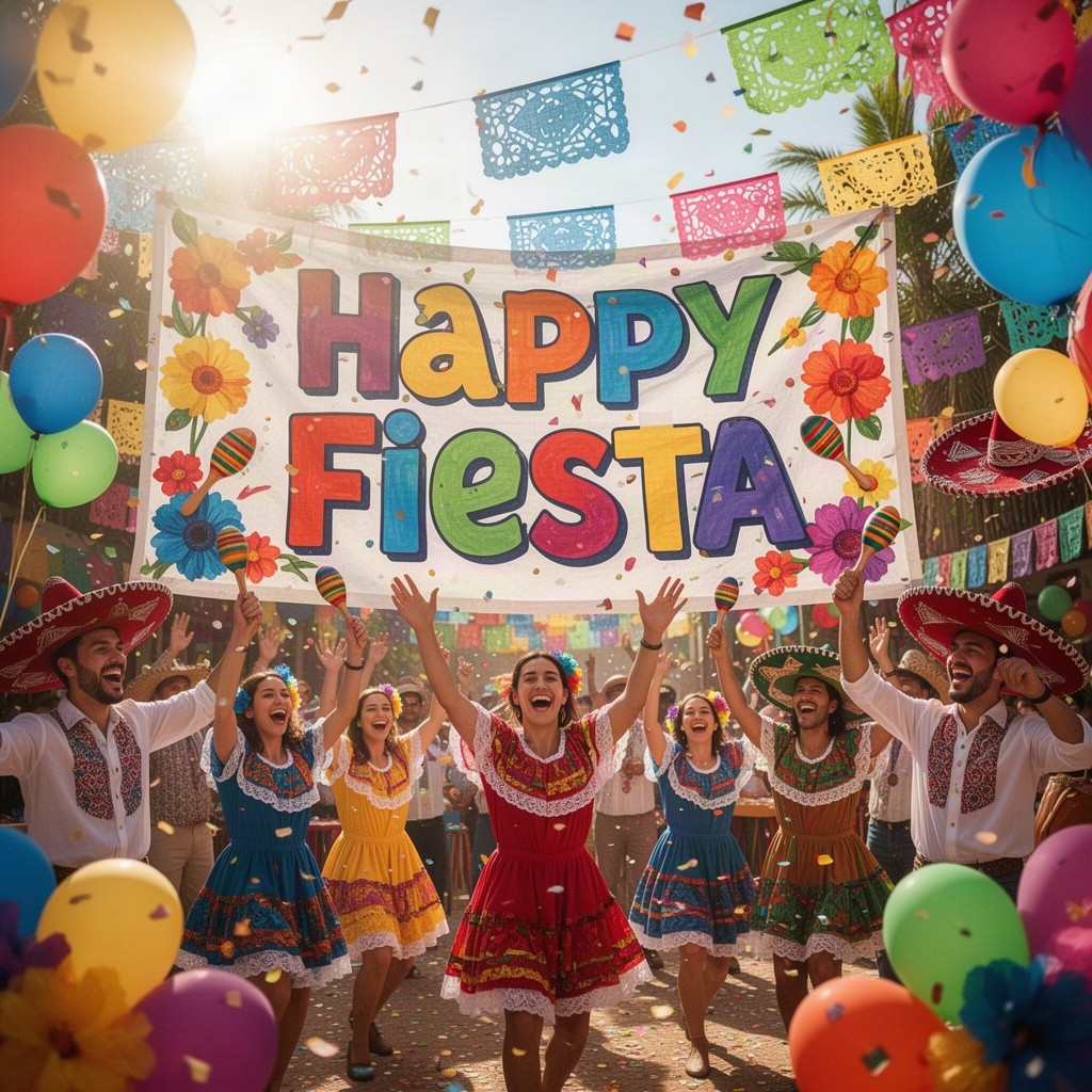 A vibrant and colorful fiesta celebration scene featuring a large tarpaulin banner that reads 'Happy Fiesta' in bold, festive lettering