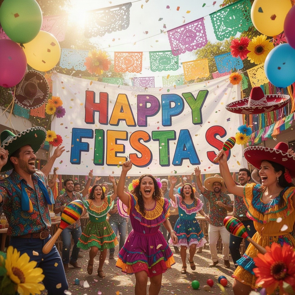 A vibrant fiesta celebration scene featuring a large tarpaulin banner that reads 'Happy Fiesta S' in bold, colorful lettering
