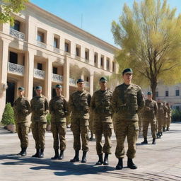 Azerbaijan soldiers standing in formation on a sunny day in the streets of Khankendi, with various city elements such as buildings and trees in the background.