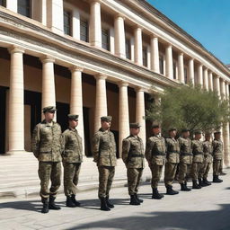 Azerbaijan soldiers standing in formation on a sunny day in the streets of Khankendi, with various city elements such as buildings and trees in the background.