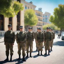 Azerbaijan soldiers standing in formation on a sunny day in the streets of Khankendi, with various city elements such as buildings and trees in the background.