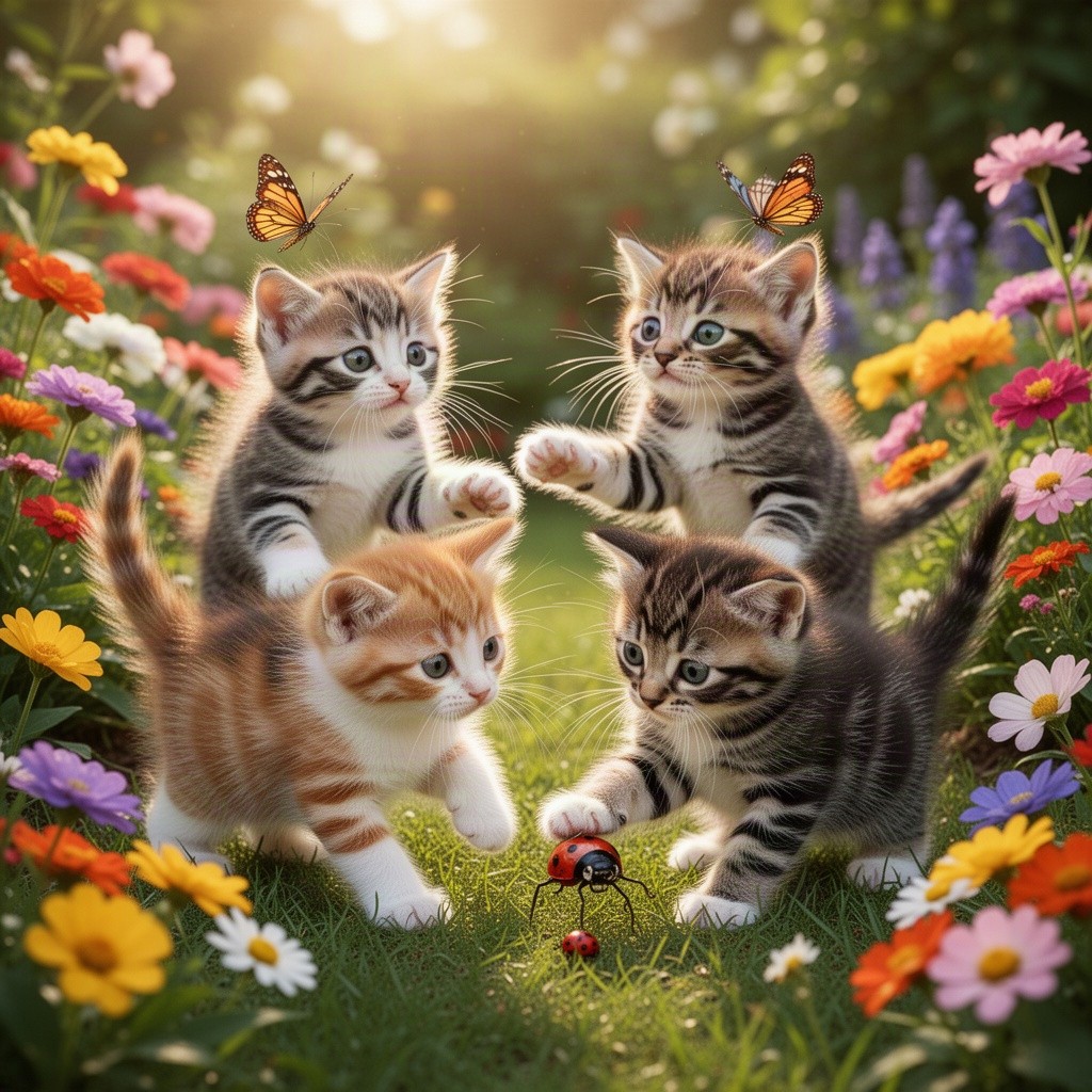 A collection of adorable kittens, each with unique fur patterns and colors, playfully interacting in a sunny garden filled with colorful flowers