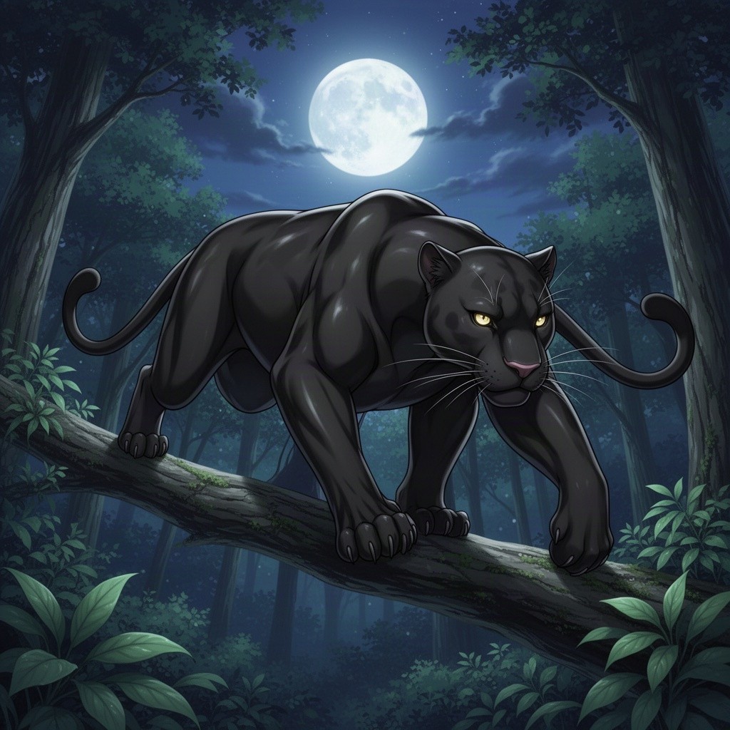 A sleek black anime-style panther stealthily creeping along a branch, showcasing its powerful physique and sharp features