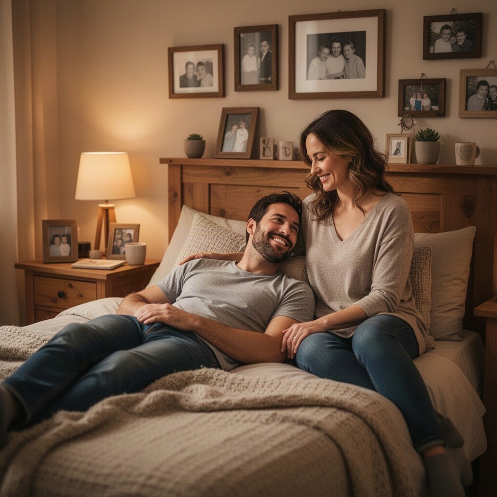 A warm and tender moment between a mother and her adult son in a cozy, softly lit bedroom