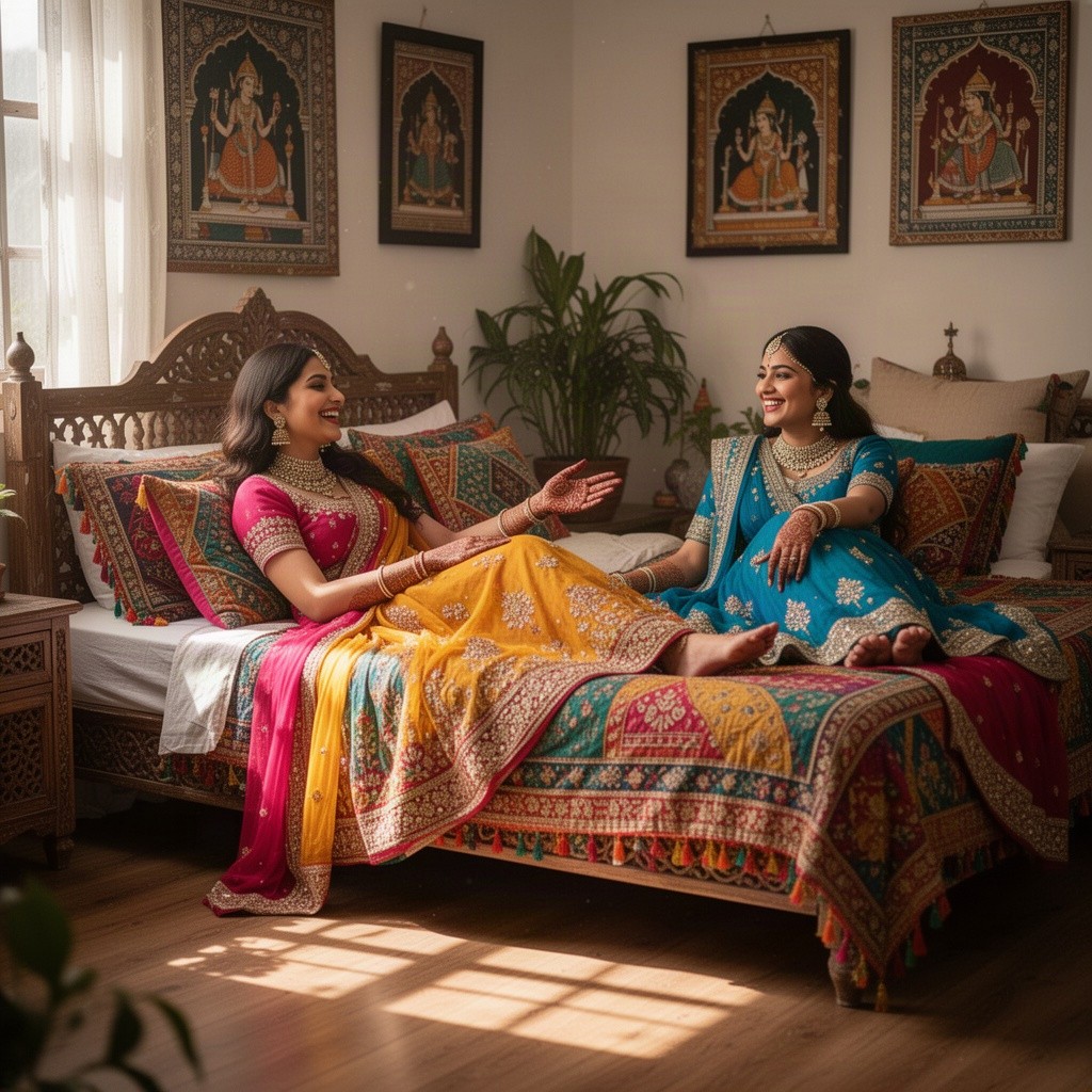 A serene bedroom scene featuring two Indian women lounging on a decorative bed adorned with vibrant textiles and cushions