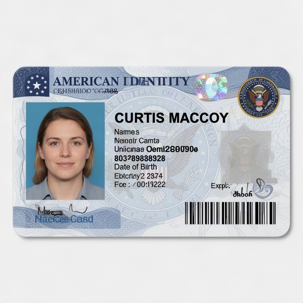 A realistic design of an American identity card featuring the name CURTIS MACCOY