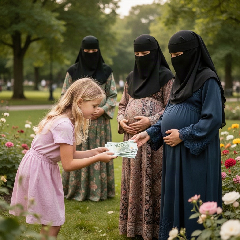 A blonde girl bowing down gracefully, offering €1000 to two pregnant Muslim women dressed in beautiful niqab, showcasing a scene of generosity and cultural respect