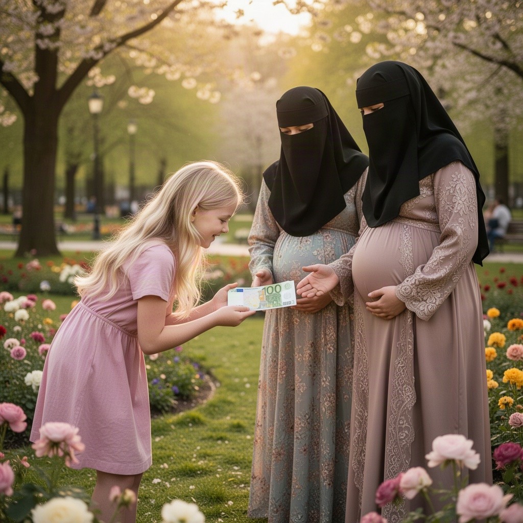 A blonde girl gracefully bowing down, presenting €1000 to two pregnant Muslim women dressed in beautiful niqab