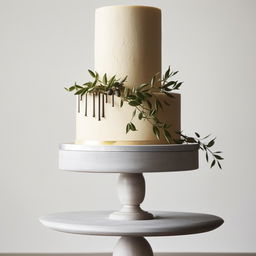 Generate an image of a simple and elegant cake with few decorations and subtle color scheme