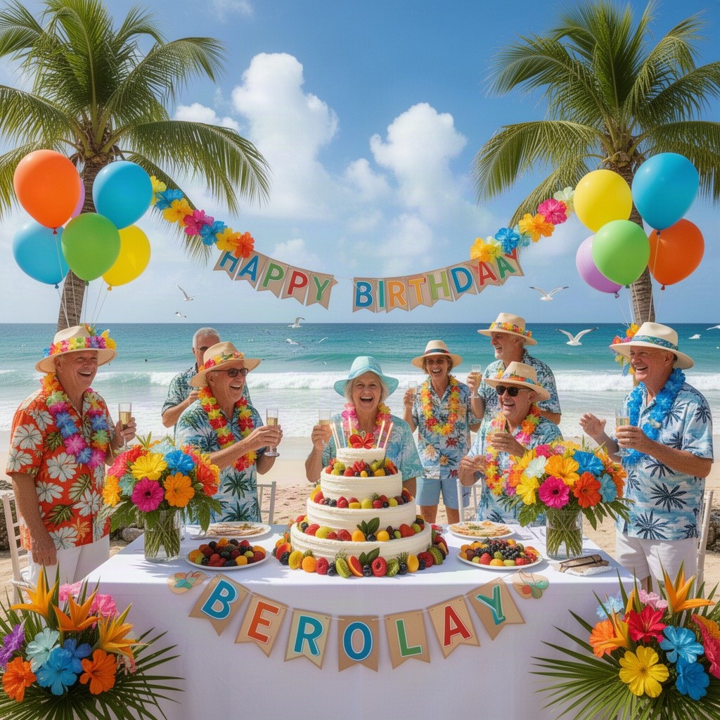 A vibrant and festive birthday celebration scene dedicated to Ceola, featuring a delightful Bermuda theme
