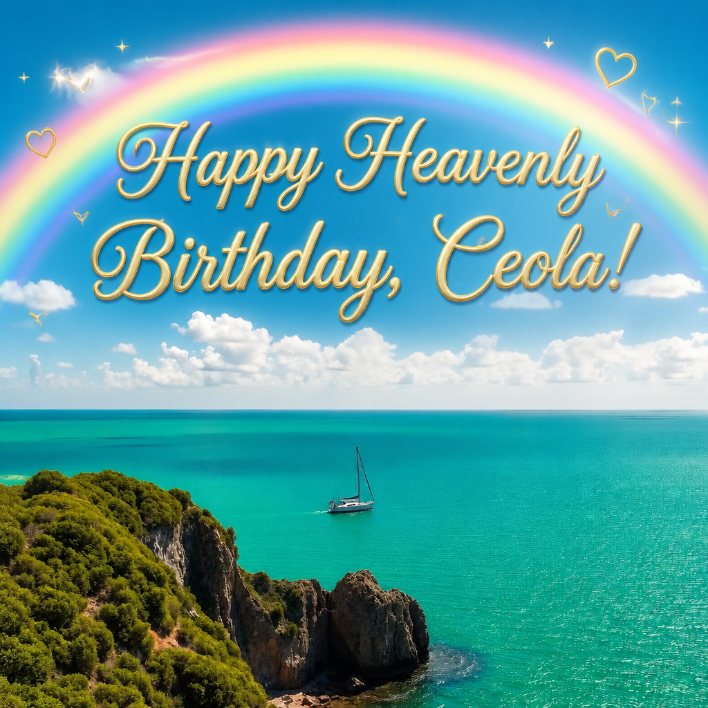 A serene and picturesque coastal scene celebrating Ceola's birthday, showcasing a vibrant turquoise ocean under a clear blue sky filled with fluffy white clouds