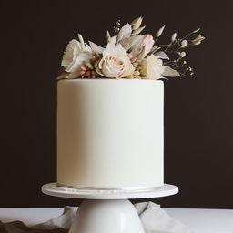 Generate an image of a simple and elegant cake with few decorations and subtle color scheme