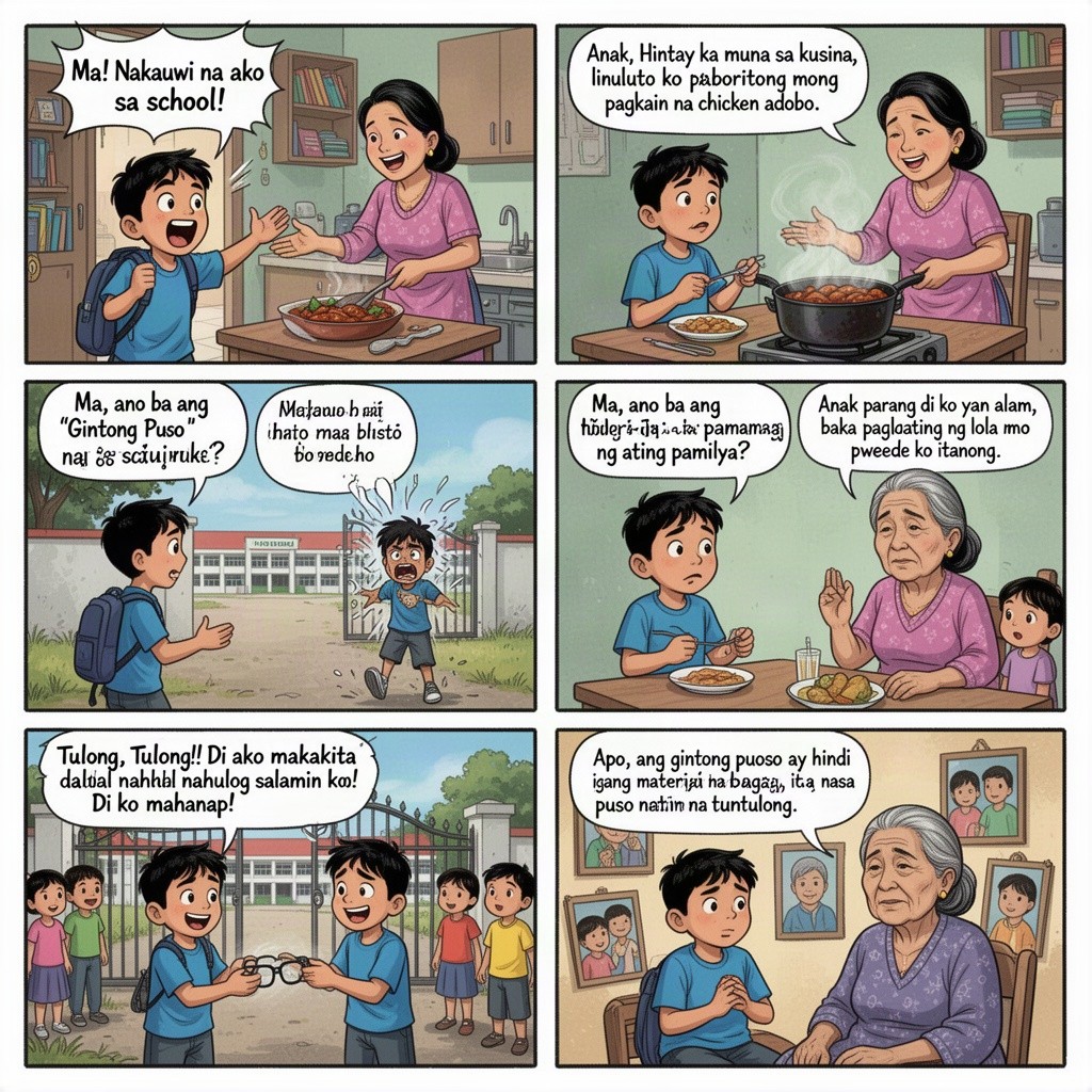 A 6-panel comic strip illustrating the story of Jones, a 10-year-old boy from urbanized areas of Nueva Ecija