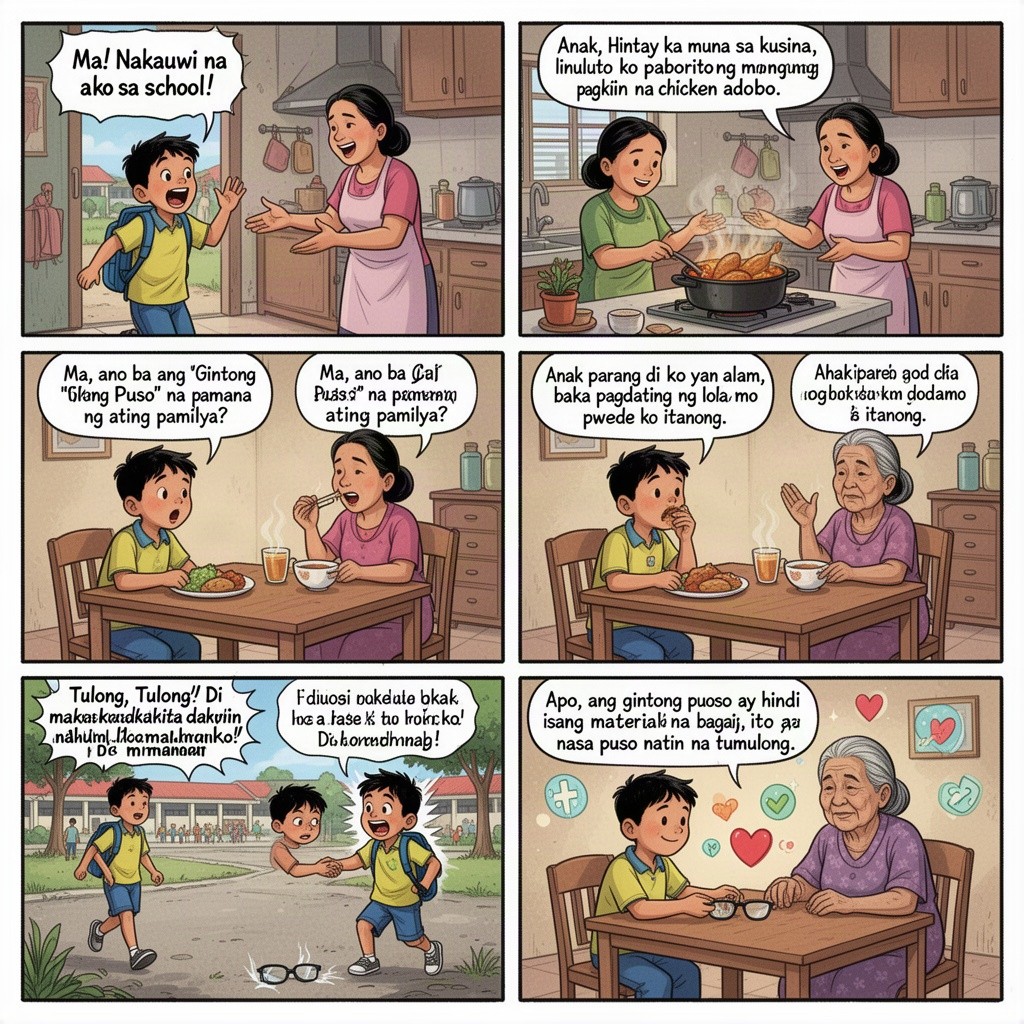 A 6-panel comic strip depicting the story of Jones, a 10-year-old boy living in urban Nueva Ecija