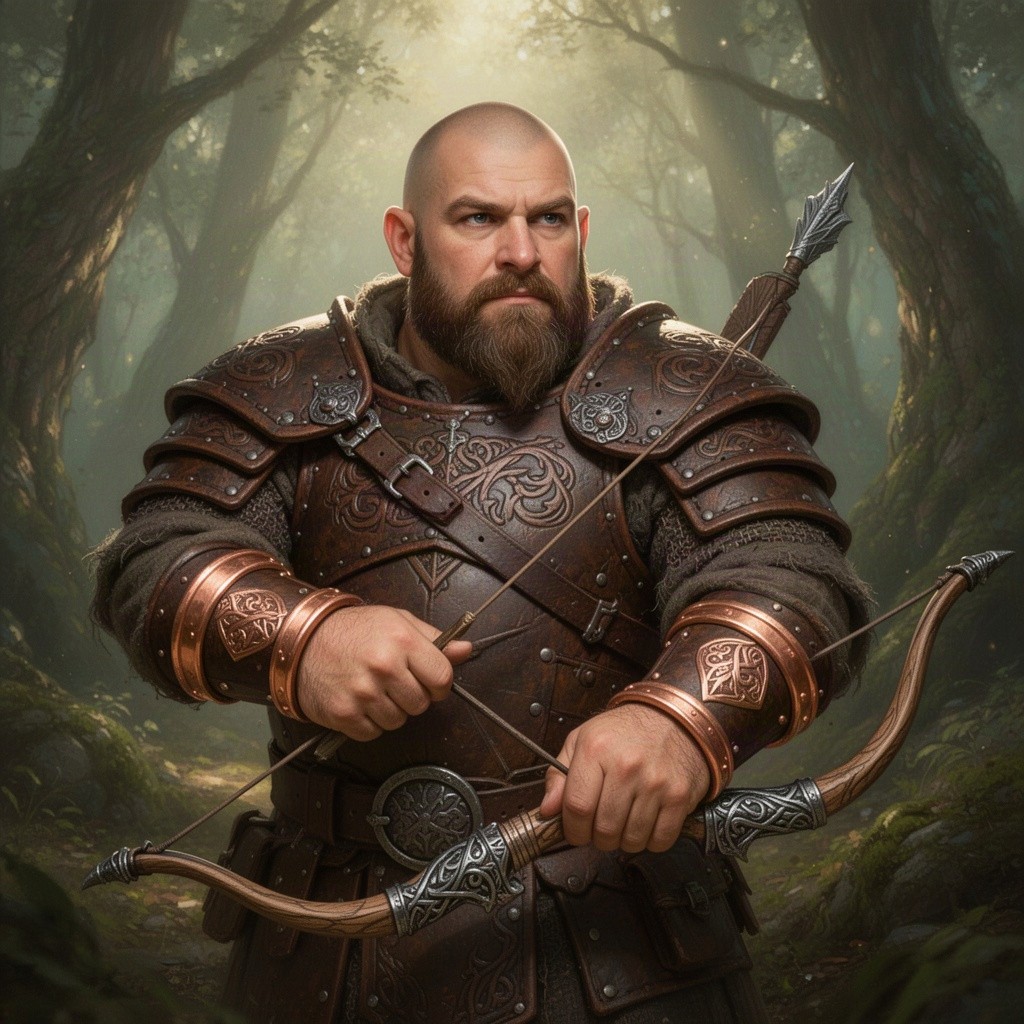 A Forgotten Realms dwarf wearing detailed leather armor, expertly crafted and embossed with intricate designs