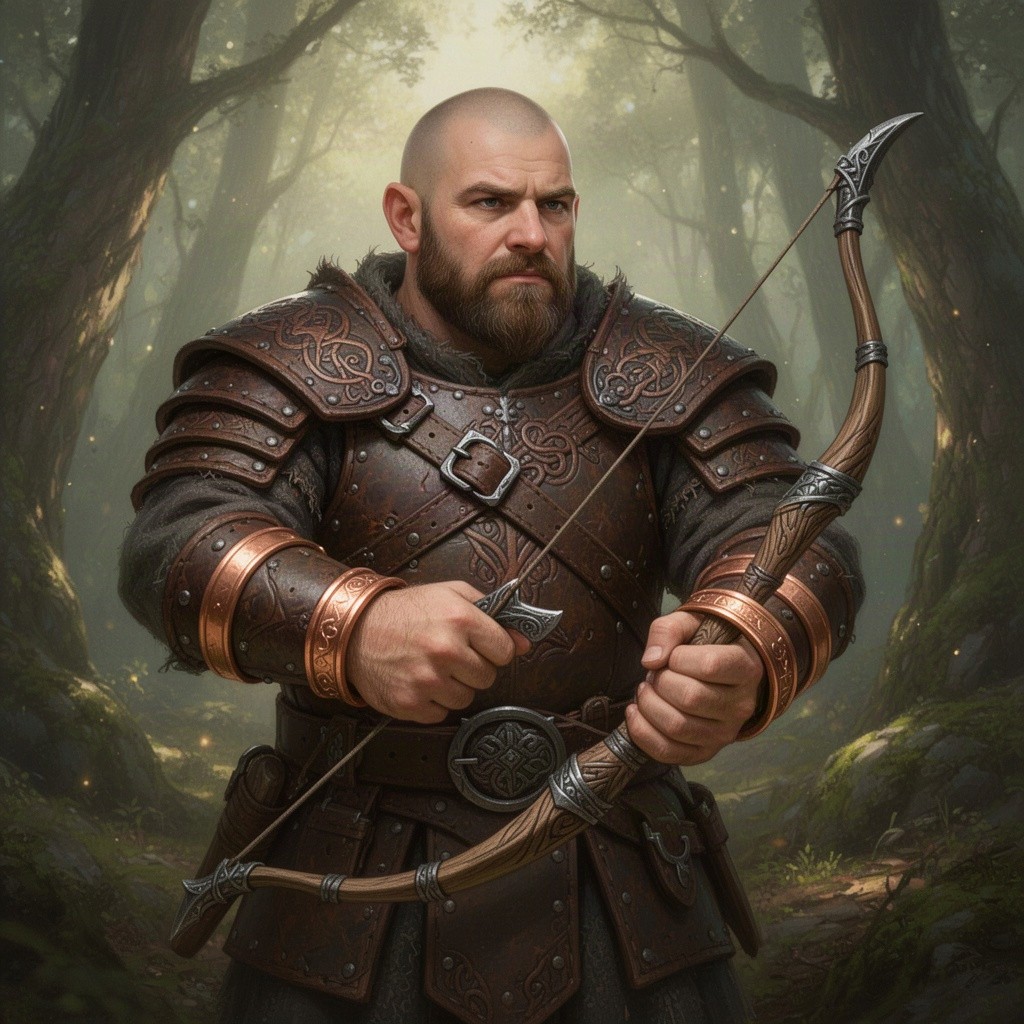 A Forgotten Realms dwarf wearing detailed leather armor, expertly crafted and embossed with intricate designs