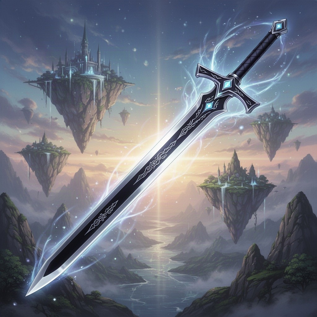 A fantasy-themed illustration of the iconic sword known as Kirito's Elucidator from the anime series Sword Art Online