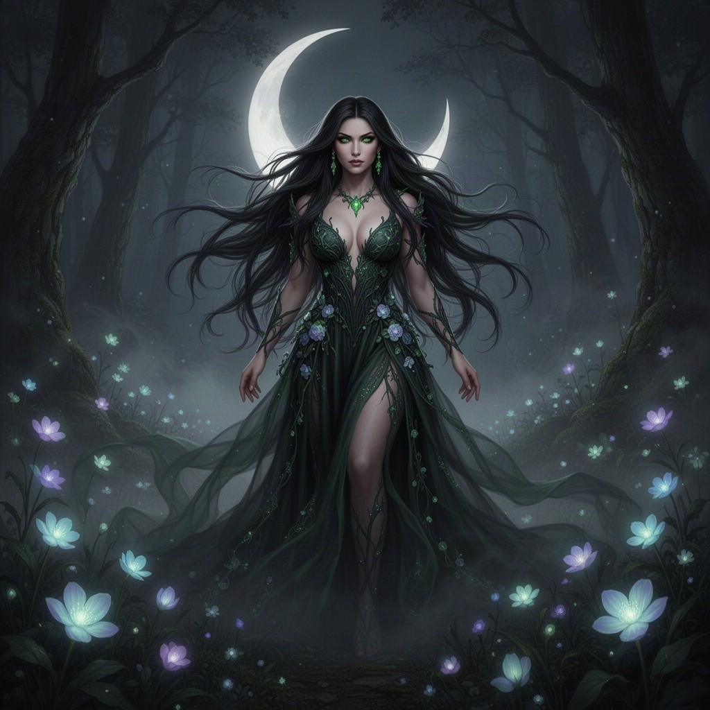 A stunning portrait of Lilith, depicted as a powerful and alluring figure with long flowing dark hair and piercing green eyes