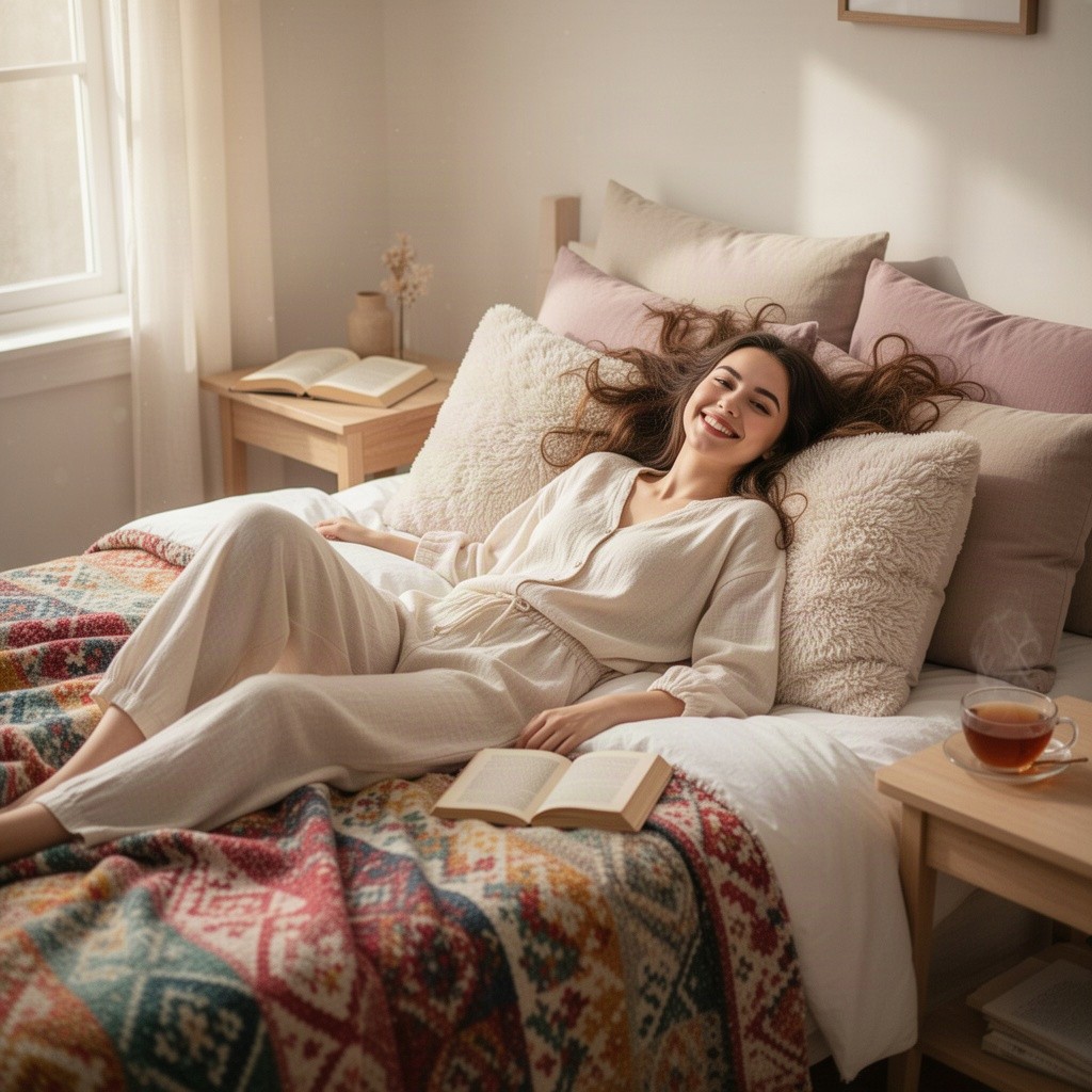 A young woman lounging lazily on a neatly made bed, the setting is soft and inviting with cozy blankets and plush pillows