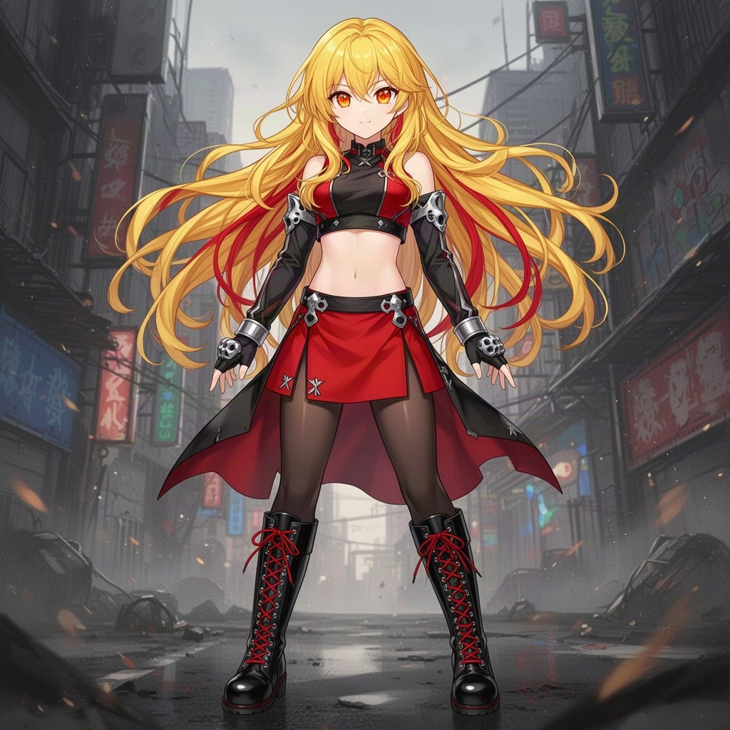 A beautiful young 17-year-old anime girl with long, wavy golden yellow hair that has vivid red highlights adding striking contrast