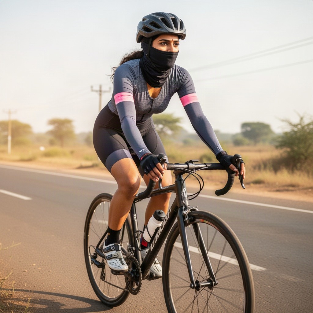 An Indian woman cyclist, showcasing her athletic build, is depicted in a dynamic pose while riding her bicycle