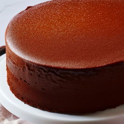 Generate an image of a simple, delicious chocolate cake with a smooth and shiny top