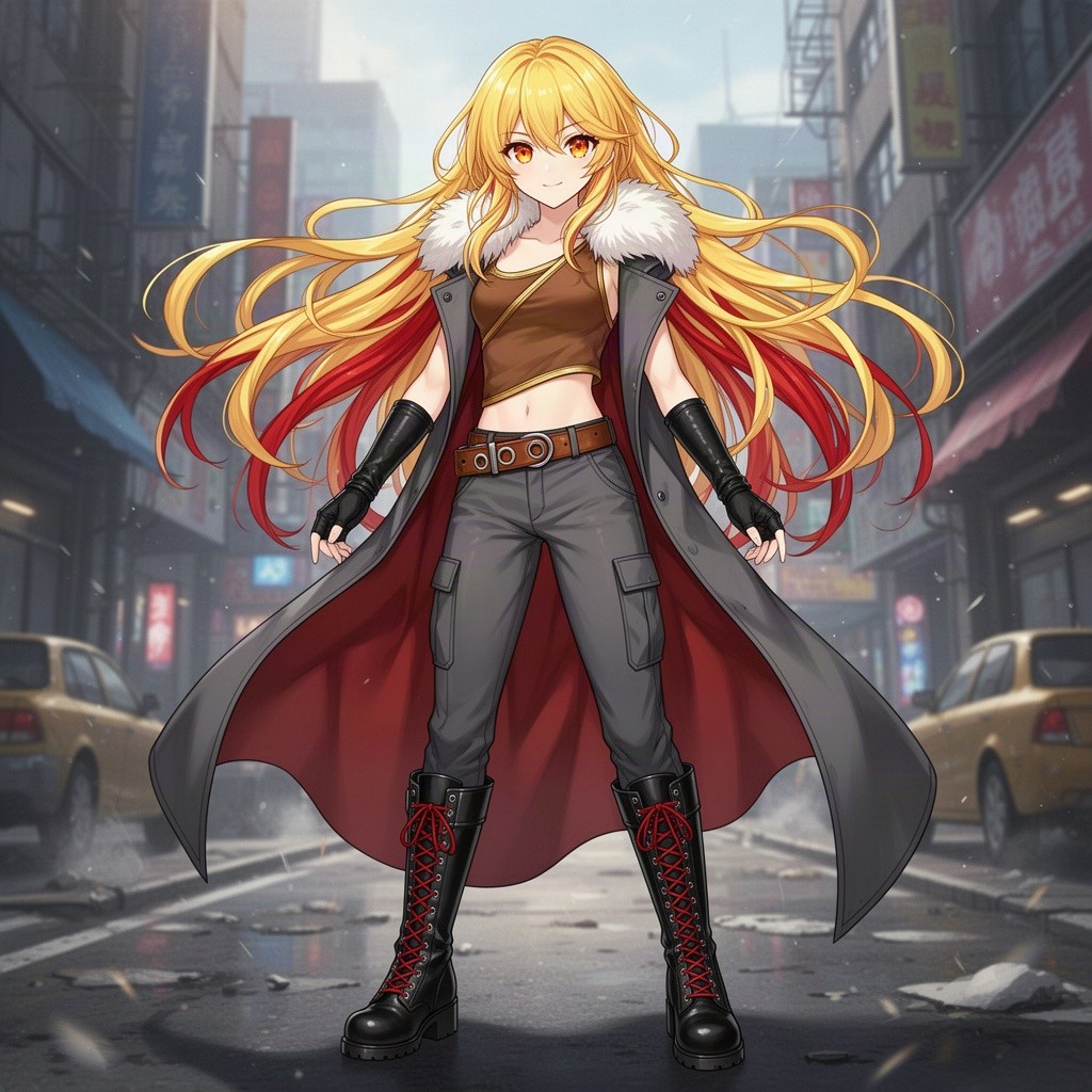 A beautiful young 17-year-old anime girl with long, wavy golden yellow hair featuring vivid red highlights, cascading down gracefully, and dazzling orange eyes that capture attention