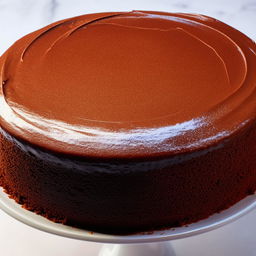 Generate an image of a simple, delicious chocolate cake with a smooth and shiny top