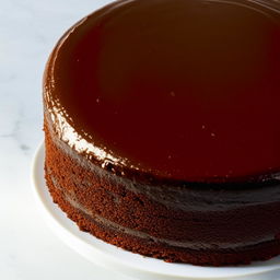 Generate an image of a simple, delicious chocolate cake with a smooth and shiny top