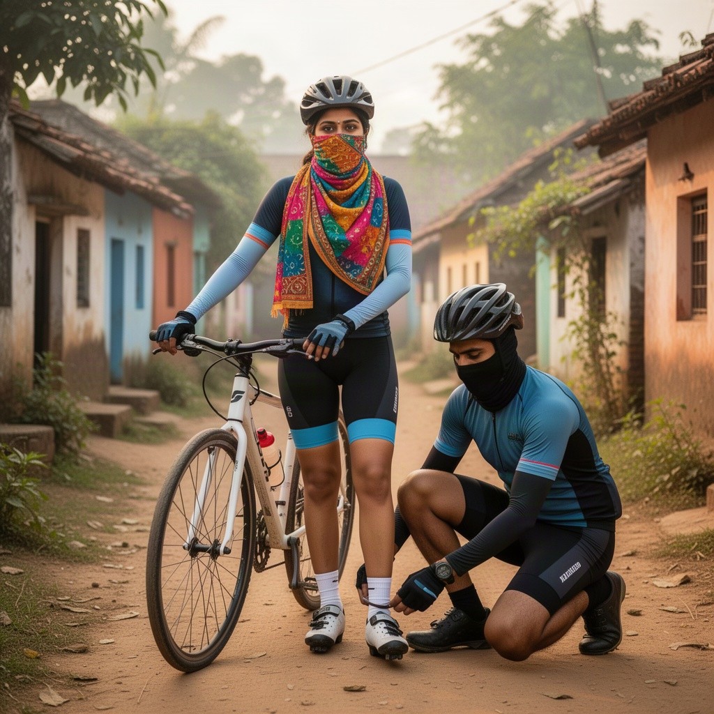 An Indian woman cyclist stands proudly beside her bicycle in a quaint village setting