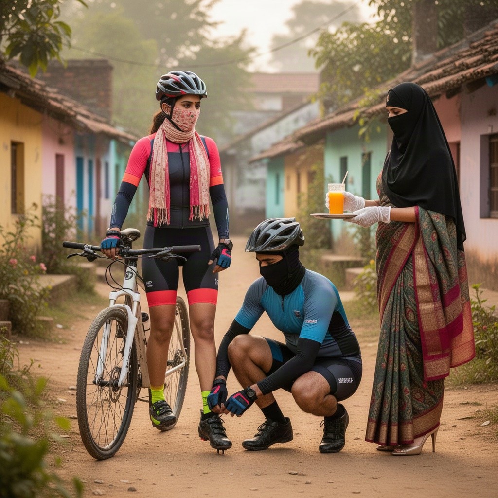 An Indian woman cyclist stands confidently beside her bicycle in a picturesque village area