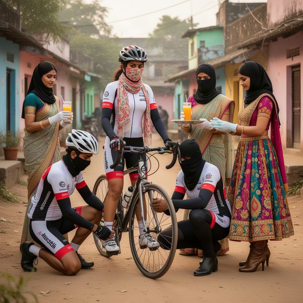 An Indian woman cyclist stands proudly next to her bicycle in a charming village area