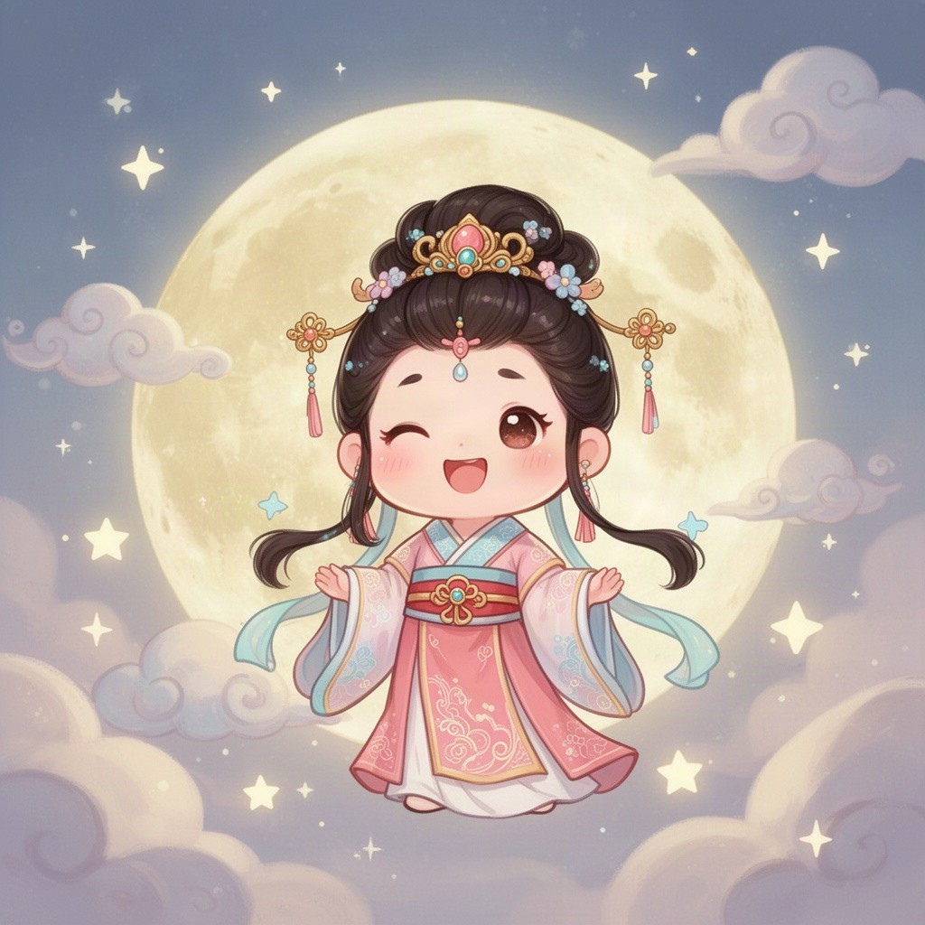 A cute Q-version of Chang'e, the moon goddess, depicted with a playful expression and traditional Chinese attire, surrounded by a large, glowing full moon