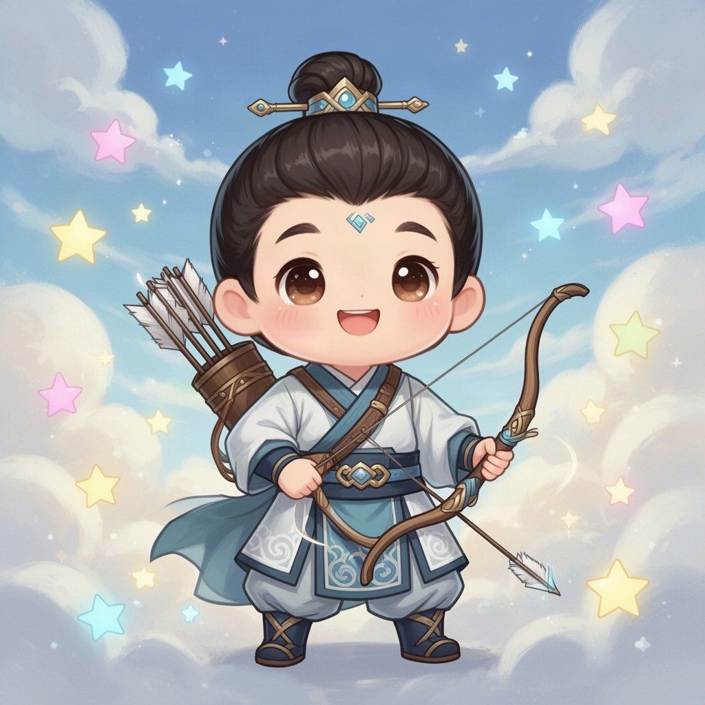 A cute Q-version of Hou Yi, the legendary archer from Chinese mythology, portrayed with a charming smile and adorable features