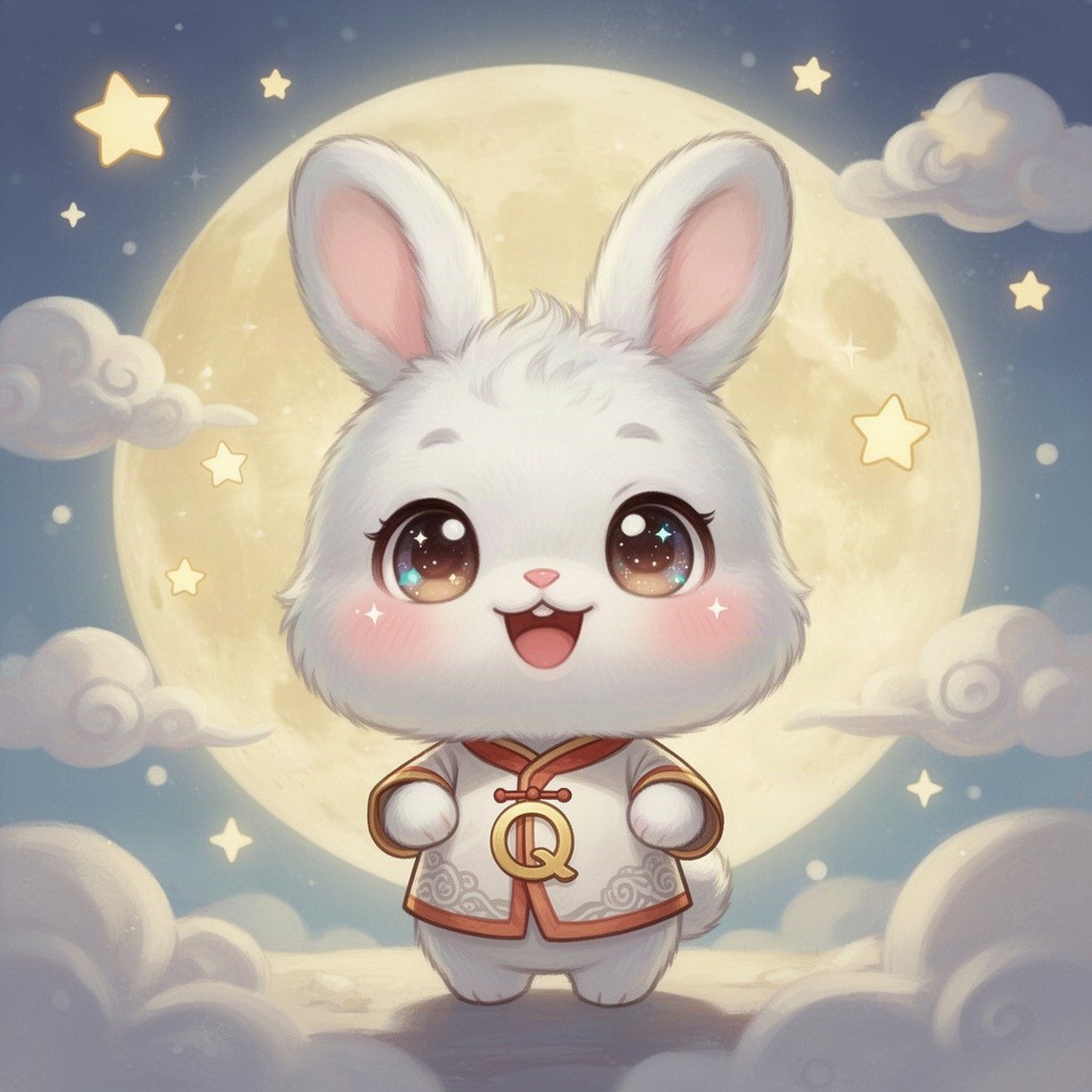 A cute Q-version of the Jade Rabbit, depicted as an adorable rabbit character with big sparkling eyes and a joyful expression