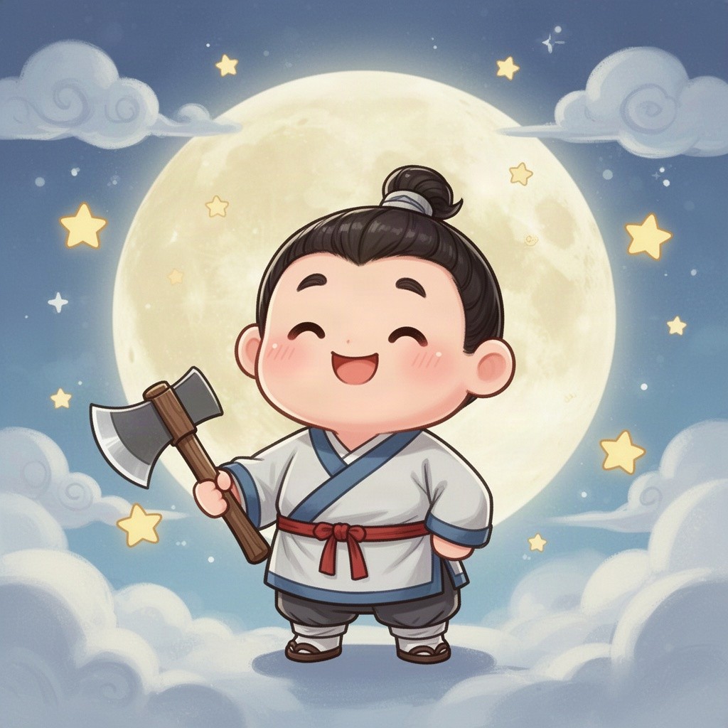 A cute Q-version of Wu Gang, the mythical woodcutter from Chinese folklore, drawn with an endearing smile and whimsical features