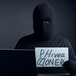 A hacker holding a sheet marked with 'BXCLONER', alongside a laptop. The hacker is masked with a black face cover.