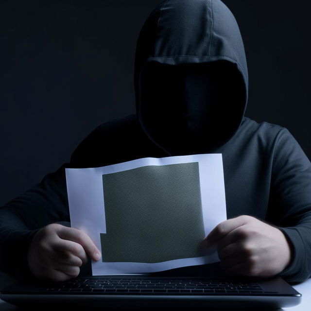 A hacker holding a sheet marked with 'BXCLONER', alongside a laptop. The hacker is masked with a black face cover.