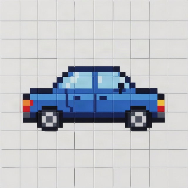 A simple, pixelated representation of a car in a side view, designed to fit within an 8x8 pixel grid